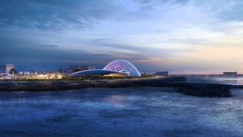 Eden Project Morecambe external CGI dusk crop Grimshaw