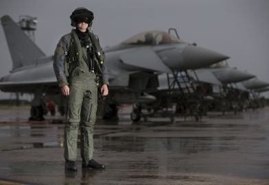 20160928 a pilot from 6 Squadron RAF Losseimouth in front of a line of Typhoon aircraft in full flying attire Crown Copyright MOD 2016 1200x828